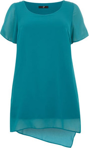 Turquoise Chiffon Overlay Top - neckline: round neck; pattern: plain; length: below the bottom; predominant colour: teal; occasions: casual, evening; style: top; fibres: polyester/polyamide - 100%; fit: body skimming; back detail: longer hem at back than at front; sleeve length: short sleeve; sleeve style: standard; texture group: sheer fabrics/chiffon/organza etc.; pattern type: fabric