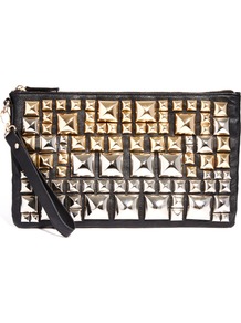 Oversized Stud Clutch Bag - secondary colour: silver; predominant colour: black; occasions: casual, evening, occasion, holiday; type of pattern: large; style: grab bag; length: hand carry; size: standard; material: faux leather; embellishment: studs; pattern: plain; trends: metallics; finish: plain