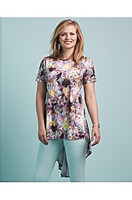 Edit Printed Trapeze Top - neckline: round neck; length: below the bottom; predominant colour: lilac; occasions: casual, evening, holiday; style: top; fibres: polyester/polyamide - stretch; fit: loose; back detail: longer hem at back than at front; sleeve length: short sleeve; sleeve style: standard; pattern type: fabric; pattern size: big & busy; pattern: patterned/print; texture group: jersey - stretchy/drapey
