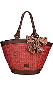 Nica Savannah Tote Handbag - predominant colour: true red; secondary colour: chocolate brown; occasions: casual, holiday; style: tote; length: shoulder (tucks under arm); size: standard; material: macrame/raffia/straw; pattern: plain; finish: plain