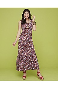 Marisota Contemporary Ditsy Print Maxi Dress Len - sleeve style: sleeveless; style: maxi dress; waist detail: fitted waist; occasions: casual, holiday; length: floor length; fit: body skimming; neckline: scoop; fibres: viscose/rayon - 100%; predominant colour: multicoloured; sleeve length: sleeveless; trends: high impact florals; pattern type: fabric; pattern size: small & busy; pattern: florals; texture group: jersey - stretchy/drapey