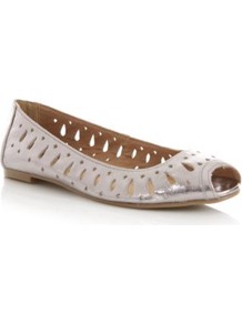 Silver Leather Cut Out Peeptoe Pumps - predominant colour: silver; occasions: casual, holiday; material: faux leather; heel height: flat; toe: open toe/peeptoe; style: ballerinas / pumps; trends: metallics; finish: metallic; pattern: plain
