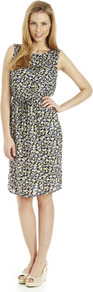 Pansy Print Drawstring Dress - style: shift; neckline: round neck; fit: fitted at waist; sleeve style: sleeveless; waist detail: belted waist/tie at waist/drawstring; predominant colour: black; occasions: casual; length: just above the knee; fibres: viscose/rayon - 100%; sleeve length: sleeveless; texture group: sheer fabrics/chiffon/organza etc.; trends: statement prints; pattern type: fabric; pattern size: standard; pattern: patterned/print