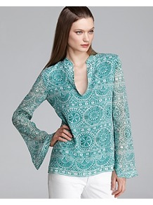 Stephanie Tunic - neckline: low v-neck; sleeve style: angel/waterfall; style: blouse; secondary colour: white; predominant colour: turquoise; occasions: casual, holiday; length: standard; fibres: silk - mix; fit: straight cut; sleeve length: long sleeve; texture group: sheer fabrics/chiffon/organza etc.; pattern type: fabric; pattern size: standard; pattern: patterned/print