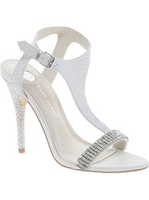 Rhinestone T Bar Sandals - predominant colour: white; occasions: evening, occasion; material: leather; heel height: high; embellishment: crystals; ankle detail: ankle strap; heel: stiletto; toe: open toe/peeptoe; style: strappy; finish: plain; pattern: plain
