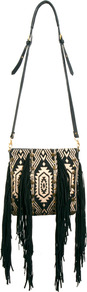Fringed Ikat Leather Cross Body Bag - secondary colour: stone; predominant colour: black; occasions: casual, holiday; type of pattern: large; style: shoulder; length: across body/long; size: standard; material: fabric; embellishment: fringing; finish: plain; pattern: patterned/print