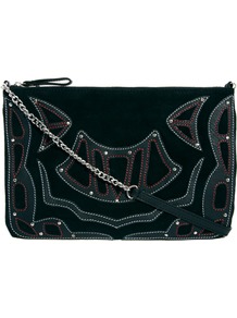 Black Appliqued Suede Cross Body Bag - predominant colour: black; occasions: casual, evening, holiday; type of pattern: light; style: shoulder; length: across body/long; size: small; material: suede; embellishment: embroidered; pattern: plain; finish: plain