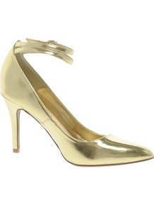 Pointed Heeled Shoe - predominant colour: gold; occasions: evening, occasion; material: faux leather; heel height: high; ankle detail: ankle strap; heel: stiletto; toe: pointed toe; style: courts; trends: metallics; finish: metallic; pattern: plain