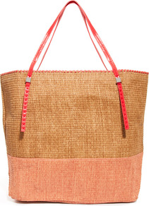 Touch Woven Straw Colourblock Shopper - secondary colour: pink; predominant colour: camel; occasions: casual, holiday; type of pattern: light; style: tote; length: shoulder (tucks under arm); size: oversized; material: macrame/raffia/straw; finish: plain; pattern: colourblock