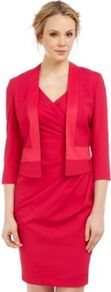 Shocking Pink Bolero - pattern: plain; style: cropped; collar: shawl/waterfall; length: cropped; predominant colour: coral; occasions: evening, occasion; fit: tailored/fitted; fibres: viscose/rayon - stretch; sleeve length: 3/4 length; sleeve style: standard; texture group: crepes; collar break: low/open; pattern type: fabric