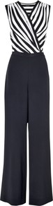 Silk Monochrome Striped Jumpsuit, Black - length: standard; neckline: v-neck; fit: fitted at waist; sleeve style: sleeveless; pattern: striped; secondary colour: white; predominant colour: navy; occasions: evening, occasion; fibres: silk - 100%; shoulder detail: flat/draping pleats/ruching/gathering at shoulder; sleeve length: sleeveless; texture group: silky - light; style: jumpsuit; pattern type: fabric; pattern size: light/subtle