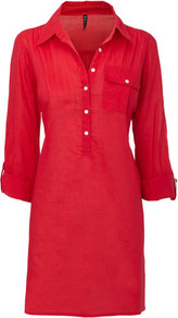 Red Shirt Cover Up - neckline: shirt collar/peter pan/zip with opening; pattern: plain; style: shirt; bust detail: pocket detail at bust; predominant colour: true red; occasions: casual, holiday; fibres: cotton - 100%; fit: body skimming; length: mid thigh; sleeve length: 3/4 length; sleeve style: standard; texture group: cotton feel fabrics; pattern type: fabric