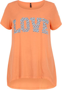 Coral Love Motif T Shirt - neckline: round neck; length: below the bottom; style: t-shirt; predominant colour: bright orange; secondary colour: light grey; occasions: casual, holiday; fibres: cotton - 100%; fit: loose; bust detail: contrast pattern/fabric/detail at bust; back detail: longer hem at back than at front; sleeve length: short sleeve; sleeve style: standard; pattern type: fabric; pattern size: light/subtle; pattern: patterned/print; texture group: jersey - stretchy/drapey