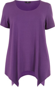 Purple Hanky Hem Top - pattern: plain; waist detail: twist front waist detail/nipped in at waist on one side/soft pleats/draping/ruching/gathering waist detail; predominant colour: lilac; occasions: casual, evening, work, holiday; style: top; neckline: scoop; fibres: viscose/rayon - stretch; fit: body skimming; length: mid thigh; hip detail: dip hem; sleeve length: short sleeve; sleeve style: standard; pattern type: fabric; texture group: jersey - stretchy/drapey