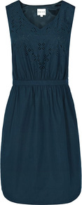 Audley Laser Cut Dress - style: tea dress; neckline: v-neck; fit: fitted at waist; pattern: plain; sleeve style: sleeveless; bust detail: added detail/embellishment at bust; waist detail: elasticated waist; predominant colour: navy; occasions: casual, holiday; length: just above the knee; fibres: cotton - mix; sleeve length: sleeveless; texture group: cotton feel fabrics; pattern type: fabric