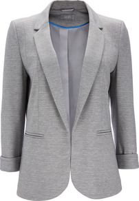 Grey Jacket - pattern: plain; style: single breasted blazer; collar: standard lapel/rever collar; predominant colour: light grey; occasions: casual, work; length: standard; fit: tailored/fitted; fibres: polyester/polyamide - stretch; sleeve length: 3/4 length; sleeve style: standard; collar break: low/open; pattern type: fabric; texture group: jersey - stretchy/drapey