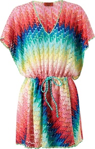Knitted Crochet Kaftan - length: mid thigh; neckline: low v-neck; sleeve style: dolman/batwing; fit: loose; style: kaftan; waist detail: belted waist/tie at waist/drawstring; occasions: casual, holiday; fibres: viscose/rayon - 100%; predominant colour: multicoloured; sleeve length: short sleeve; texture group: knits/crochet; pattern type: knitted - fine stitch; pattern size: big & busy; pattern: patterned/print