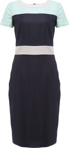 Kalyn Dress, Multi - style: shift; neckline: round neck; fit: tailored/fitted; shoulder detail: contrast pattern/fabric at shoulder; predominant colour: navy; secondary colour: light grey; occasions: casual, occasion, holiday; length: on the knee; fibres: linen - 100%; sleeve length: short sleeve; sleeve style: standard; texture group: linen; pattern type: fabric; pattern size: standard; pattern: colourblock