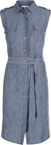 Josie Dress, Indigo - style: shirt; neckline: shirt collar/peter pan/zip with opening; fit: fitted at waist; pattern: plain; sleeve style: sleeveless; bust detail: pocket detail at bust; waist detail: belted waist/tie at waist/drawstring; predominant colour: denim; occasions: casual, holiday; length: just above the knee; fibres: linen - 100%; shoulder detail: discreet epaulette; sleeve length: sleeveless; texture group: linen; pattern type: fabric