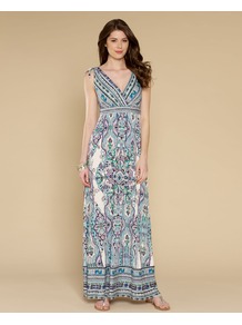 Seychelles Maxi Dress - neckline: low v-neck; fit: empire; sleeve style: sleeveless; style: maxi dress; pattern: paisley; occasions: casual, holiday; length: floor length; fibres: viscose/rayon - stretch; shoulder detail: flat/draping pleats/ruching/gathering at shoulder; predominant colour: multicoloured; sleeve length: sleeveless; trends: statement prints; pattern type: fabric; pattern size: standard; texture group: other - light to midweight