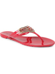 Aquarius Embellished Jelly Sandals - predominant colour: true red; secondary colour: mid grey; occasions: casual, evening, holiday; material: plastic/rubber; heel height: flat; embellishment: beading; heel: standard; toe: toe thongs; style: flip flops / toe post; finish: patent; pattern: plain
