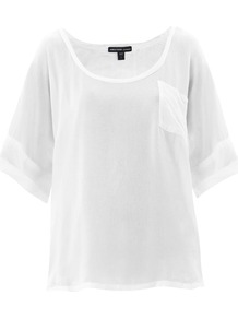 Loose Fitting Chiffon Blouse - neckline: round neck; pattern: plain; bust detail: pocket detail at bust; style: blouse; predominant colour: white; occasions: casual, evening, work, holiday; length: standard; fibres: viscose/rayon - 100%; fit: loose; hip detail: dip hem; back detail: longer hem at back than at front; sleeve length: 3/4 length; sleeve style: standard; texture group: sheer fabrics/chiffon/organza etc.; pattern type: fabric