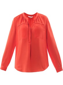 Henley Two Pocket Blouse - neckline: v-neck; pattern: plain; style: blouse; bust detail: buttons at bust (in middle at breastbone)/zip detail at bust; predominant colour: bright orange; occasions: casual, evening; length: standard; fibres: silk - 100%; fit: loose; sleeve length: long sleeve; sleeve style: standard; texture group: silky - light; pattern type: fabric