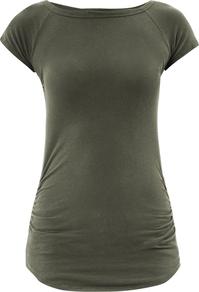 Capped Sleeve T Shirt - neckline: slash/boat neckline; sleeve style: capped; pattern: plain; style: t-shirt; predominant colour: khaki; occasions: casual, holiday; length: standard; fibres: cotton - stretch; fit: body skimming; hip detail: ruching/gathering at hip; sleeve length: short sleeve; texture group: jersey - clingy; pattern type: fabric
