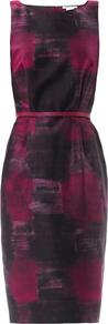 Sumero Dress - style: shift; neckline: slash/boat neckline; fit: tailored/fitted; sleeve style: sleeveless; waist detail: belted waist/tie at waist/drawstring; bust detail: ruching/gathering/draping/layers/pintuck pleats at bust; secondary colour: burgundy; predominant colour: black; occasions: evening, work, occasion; length: just above the knee; fibres: silk - 100%; hip detail: sculpting darts/pleats/seams at hip; sleeve length: sleeveless; texture group: cotton feel fabrics; trends: modern geometrics; pattern type: fabric; pattern size: big & busy; pattern: patterned/print