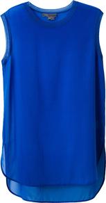Ribbed Trim Sleeveless Blouse - pattern: plain; sleeve style: sleeveless; style: blouse; predominant colour: royal blue; occasions: casual, evening, holiday; length: standard; fit: straight cut; neckline: crew; back detail: longer hem at back than at front; sleeve length: sleeveless; texture group: sheer fabrics/chiffon/organza etc.; pattern type: fabric; fibres: silk - stretch