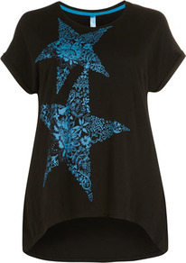 Black Double Star T Shirt - neckline: round neck; style: t-shirt; secondary colour: diva blue; predominant colour: black; occasions: casual, holiday; length: standard; fibres: cotton - 100%; fit: loose; bust detail: contrast pattern/fabric/detail at bust; back detail: longer hem at back than at front; sleeve length: short sleeve; sleeve style: standard; texture group: cotton feel fabrics; pattern type: fabric; pattern size: standard; pattern: patterned/print