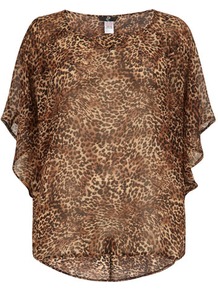 Animal Square Top - neckline: round neck; sleeve style: dolman/batwing; secondary colour: chocolate brown; predominant colour: tan; occasions: casual, evening, holiday; length: standard; style: top; fibres: polyester/polyamide - 100%; fit: loose; back detail: longer hem at back than at front; sleeve length: short sleeve; texture group: sheer fabrics/chiffon/organza etc.; pattern type: fabric; pattern size: standard; pattern: animal print