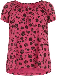Pink Dandelion Gypsy Top - neckline: round neck; style: t-shirt; bust detail: ruching/gathering/draping/layers/pintuck pleats at bust; secondary colour: black; occasions: casual, evening, work, holiday; length: standard; fibres: cotton - 100%; fit: loose; back detail: longer hem at back than at front; sleeve length: short sleeve; sleeve style: standard; texture group: cotton feel fabrics; pattern type: fabric; pattern size: standard; pattern: florals; predominant colour: dusky pink