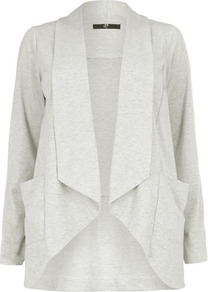 Grey Marl Jersey Jacket - pattern: plain; style: single breasted blazer; collar: shawl/waterfall; length: below the bottom; predominant colour: light grey; occasions: casual, evening, work, holiday; fit: straight cut (boxy); fibres: polyester/polyamide - stretch; sleeve length: long sleeve; sleeve style: standard; collar break: low/open; pattern type: fabric; texture group: jersey - stretchy/drapey