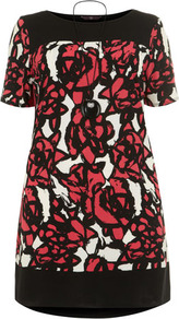 Rose Print Yoke Tunic With Necklace - neckline: slash/boat neckline; style: tunic; shoulder detail: contrast pattern/fabric at shoulder; predominant colour: black; secondary colour: black; occasions: casual, evening, work, occasion, holiday; fibres: polyester/polyamide - stretch; fit: body skimming; length: mid thigh; sleeve length: short sleeve; sleeve style: standard; trends: high impact florals; pattern type: fabric; pattern size: big & busy; pattern: florals; texture group: jersey - stretchy/drapey; embellishment: beading