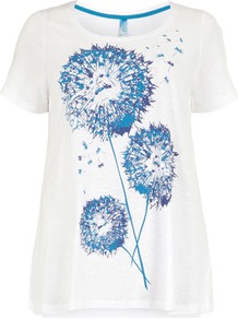White Dandelion T Shirt - neckline: round neck; length: below the bottom; style: t-shirt; predominant colour: white; secondary colour: diva blue; occasions: casual, holiday; fibres: cotton - 100%; fit: loose; bust detail: contrast pattern/fabric/detail at bust; sleeve length: short sleeve; sleeve style: standard; texture group: cotton feel fabrics; pattern type: fabric; pattern size: standard; pattern: florals