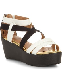 Collection White Leather Sporty Flatforms - secondary colour: white; predominant colour: black; occasions: casual, holiday; material: faux leather; heel height: high; embellishment: zips; ankle detail: ankle strap; heel: wedge; toe: open toe/peeptoe; style: strappy; finish: plain; pattern: colourblock