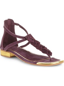 Collection Purple Leather Leaf Sandals - predominant colour: purple; secondary colour: gold; occasions: casual, holiday; material: suede; heel height: flat; ankle detail: ankle strap; heel: standard; toe: toe thongs; style: strappy; finish: plain; pattern: colourblock