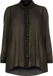 Black Embellished Shirt - neckline: shirt collar/peter pan/zip with opening; pattern: plain; bust detail: added detail/embellishment at bust; length: below the bottom; style: shirt; predominant colour: black; occasions: evening, work, occasion; fibres: polyester/polyamide - 100%; fit: loose; back detail: longer hem at back than at front; sleeve length: long sleeve; sleeve style: standard; texture group: sheer fabrics/chiffon/organza etc.; pattern type: fabric; embellishment: beading