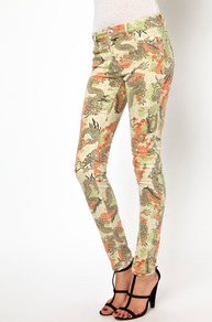 Dragon Print Jean - style: skinny leg; length: standard; pocket detail: traditional 5 pocket; waist: mid/regular rise; predominant colour: primrose yellow; secondary colour: khaki; occasions: casual, evening, holiday; fibres: cotton - stretch; texture group: denim; pattern type: fabric; pattern size: big & busy; pattern: florals