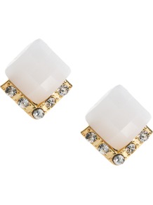 Square Enamel Stud Earrings - predominant colour: white; secondary colour: gold; occasions: casual, evening, occasion, holiday; style: stud; length: short; size: small; material: chain/metal; fastening: pierced; finish: plain; embellishment: crystals