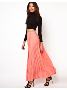 Pleated Maxi Skirt - pattern: plain; fit: loose/voluminous; waist: mid/regular rise; predominant colour: coral; occasions: casual, evening, work, occasion, holiday; length: floor length; style: maxi skirt; fibres: polyester/polyamide - mix; hip detail: structured pleats at hip; waist detail: narrow waistband; texture group: silky - light; pattern type: fabric