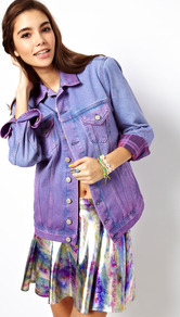 Denim Boyfriend Jacket With Overdyed Reverse Check Lining - pattern: plain; fit: loose; style: denim; secondary colour: purple; predominant colour: lilac; occasions: casual; length: standard; fibres: cotton - 100%; collar: shirt collar/peter pan/zip with opening; sleeve length: long sleeve; sleeve style: standard; texture group: denim; collar break: high/illusion of break when open; pattern type: fabric; pattern size: standard