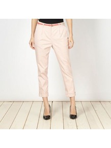 Designer Light Pink Belted Chinos - pattern: plain; pocket detail: small back pockets, pockets at the sides; waist detail: belted waist/tie at waist/drawstring; waist: mid/regular rise; predominant colour: blush; occasions: casual, holiday; length: calf length; style: chino; fibres: cotton - stretch; hip detail: front pleats at hip level; jeans & bottoms detail: turn ups; texture group: cotton feel fabrics; fit: straight leg; pattern type: fabric