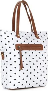 White Spotted Tarner Shopper Bag - predominant colour: white; secondary colour: black; occasions: casual, holiday; type of pattern: light; style: tote; length: shoulder (tucks under arm); size: standard; material: fabric; embellishment: tassels; pattern: polka dot; finish: plain