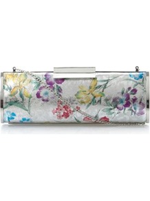Silver Leather Berri Metallic Floral Print Clutch Bag - predominant colour: multicoloured; type of pattern: heavy; style: clutch; length: hand carry; size: standard; material: fabric; pattern: florals; trends: high impact florals; finish: plain