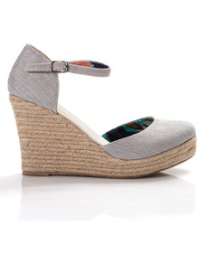Closed Toe Espadrille, Silver - predominant colour: light grey; occasions: casual, evening, holiday; material: suede; heel height: high; ankle detail: ankle strap; heel: wedge; toe: round toe; style: courts; finish: plain; pattern: plain