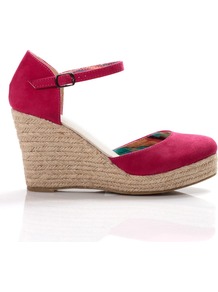 Closed Toe Espadrille, Pink - predominant colour: hot pink; occasions: casual, evening, holiday; material: faux leather; heel height: high; ankle detail: ankle strap; heel: wedge; toe: round toe; style: courts; finish: plain; pattern: plain