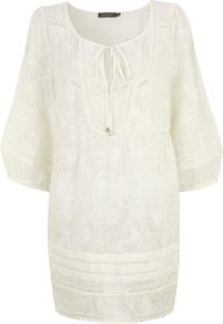 Cream Embroidered Silk Tunic, Cream - neckline: round neck; pattern: plain; length: below the bottom; style: tunic; sleeve style: balloon; predominant colour: white; occasions: casual; fit: loose; sleeve length: 3/4 length; texture group: cotton feel fabrics; pattern type: fabric; embellishment: embroidered; fibres: viscose/rayon - mix