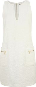 White Jacquard 60s Dress, White - style: shift; neckline: low v-neck; pattern: plain; sleeve style: sleeveless; hip detail: front pockets at hip; predominant colour: white; occasions: casual, holiday; length: just above the knee; fit: soft a-line; fibres: viscose/rayon - stretch; sleeve length: sleeveless; texture group: cotton feel fabrics; trends: glamorous day shifts; pattern type: fabric